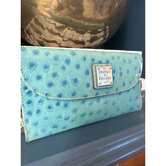 Dooney & Bourke Ostrich Continental Clutch Teal Turquoies Blue Wallet 4 x 7 - Picture 2 of 9